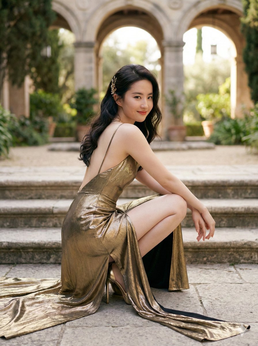 Gold Evening Gown Portrait - Elegant Courtyard Pose