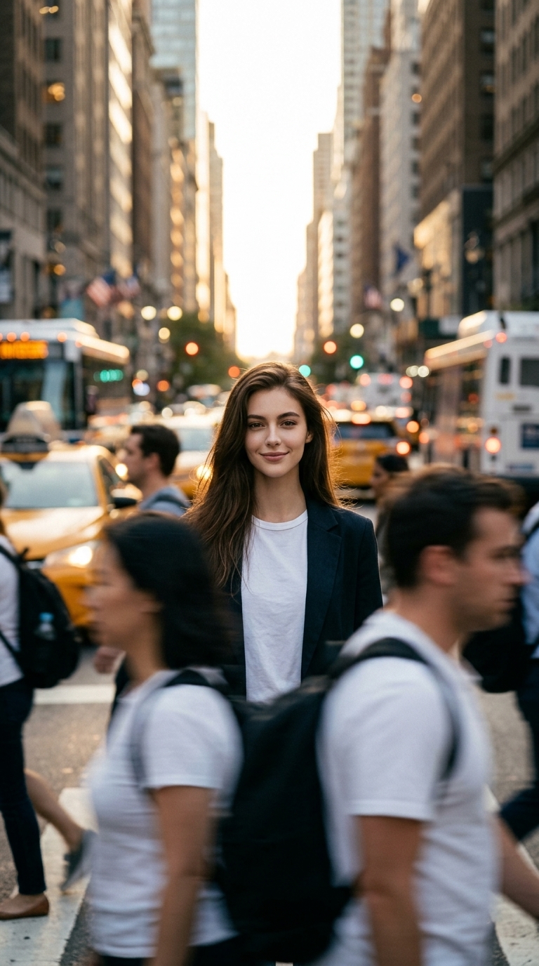 Golden Hour Cinematic Street Photography Portrait Isolated in Crowded