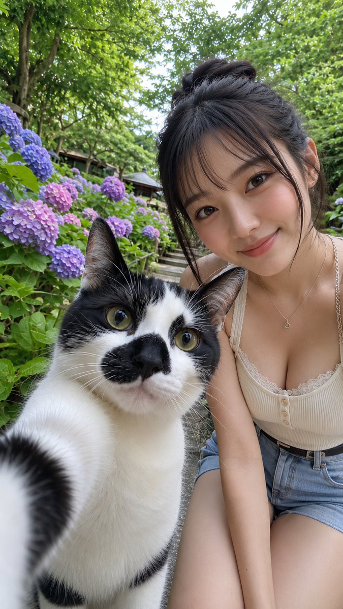 Hydrangea Selfie with Tuxedo Cat Portrait