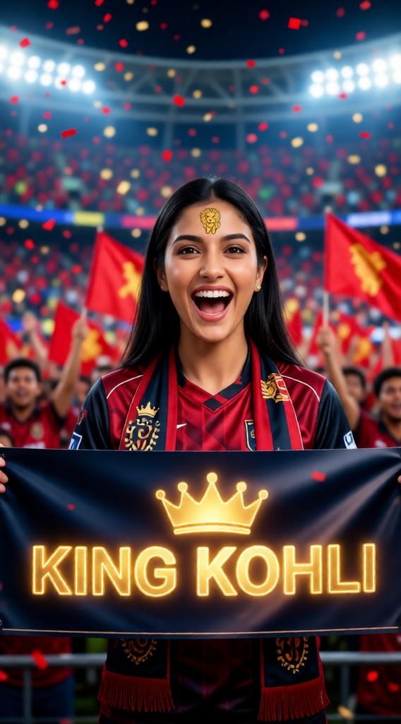 Hyper-Realistic RCB Fan Portrait with King Kohli Neon Banner