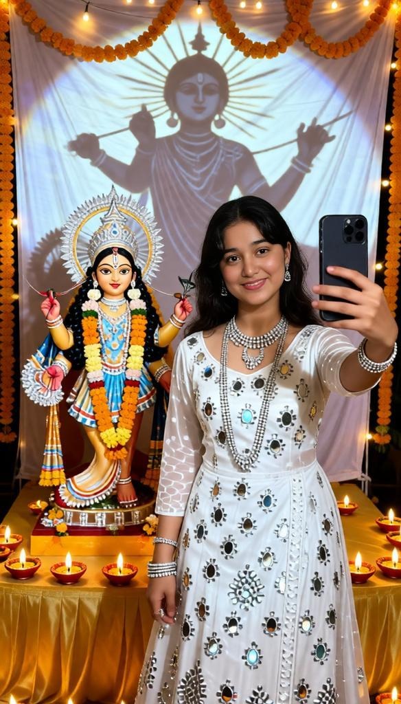 Indian Girl Selfie with Durga Maa Brahmacharini Avatar