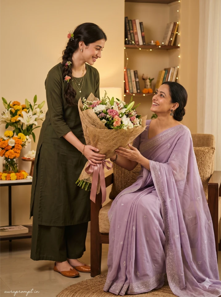 Indian Mother Daughter Bouquet Photo AI Prompt
