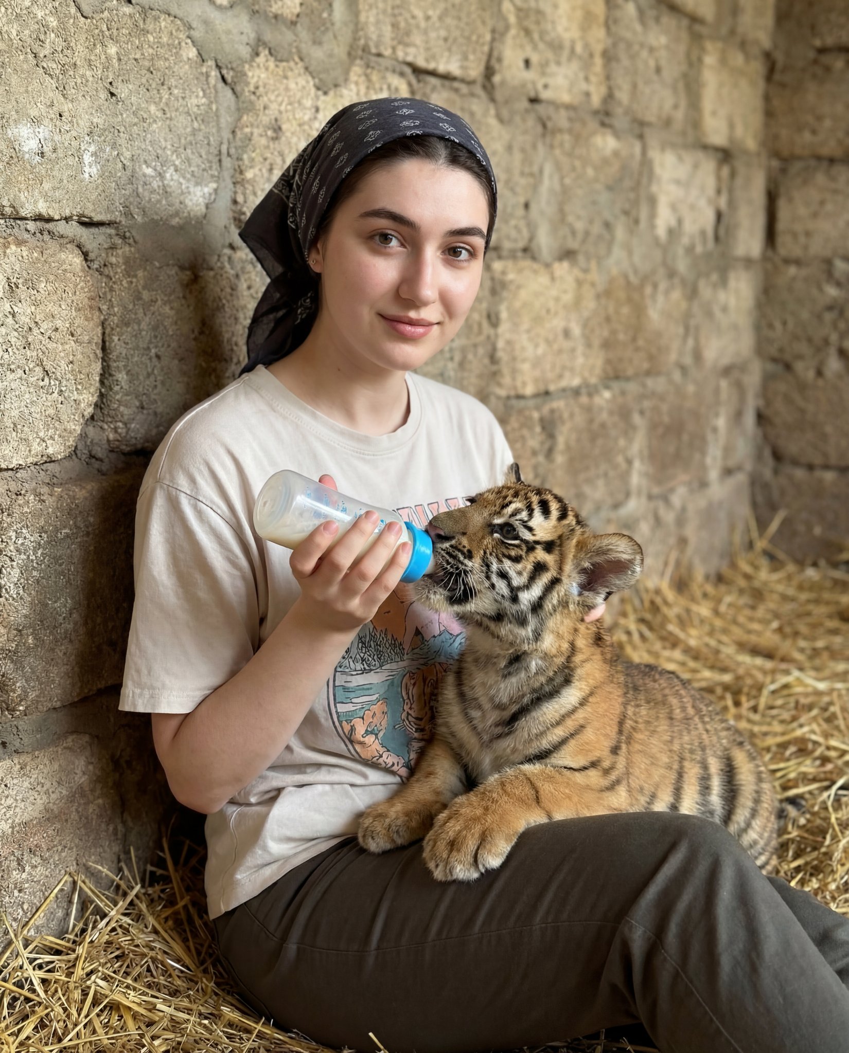 Lifestyle Portrait of Woman Feeding Tiger Cub