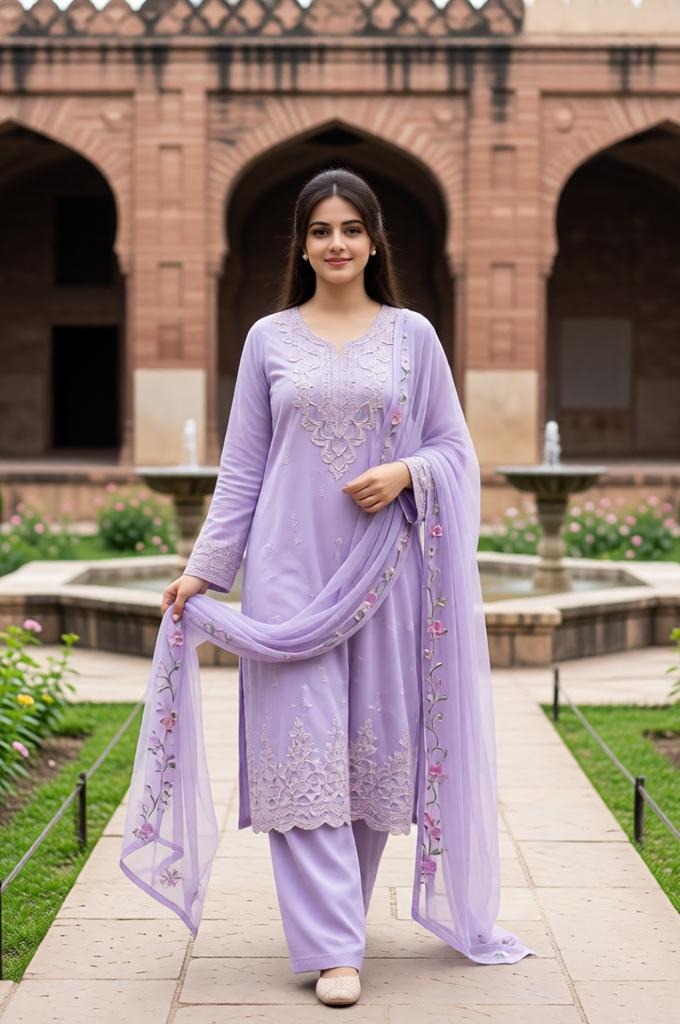 Lilac Pakistani Lawn Suit Portrait in Mughal Garden