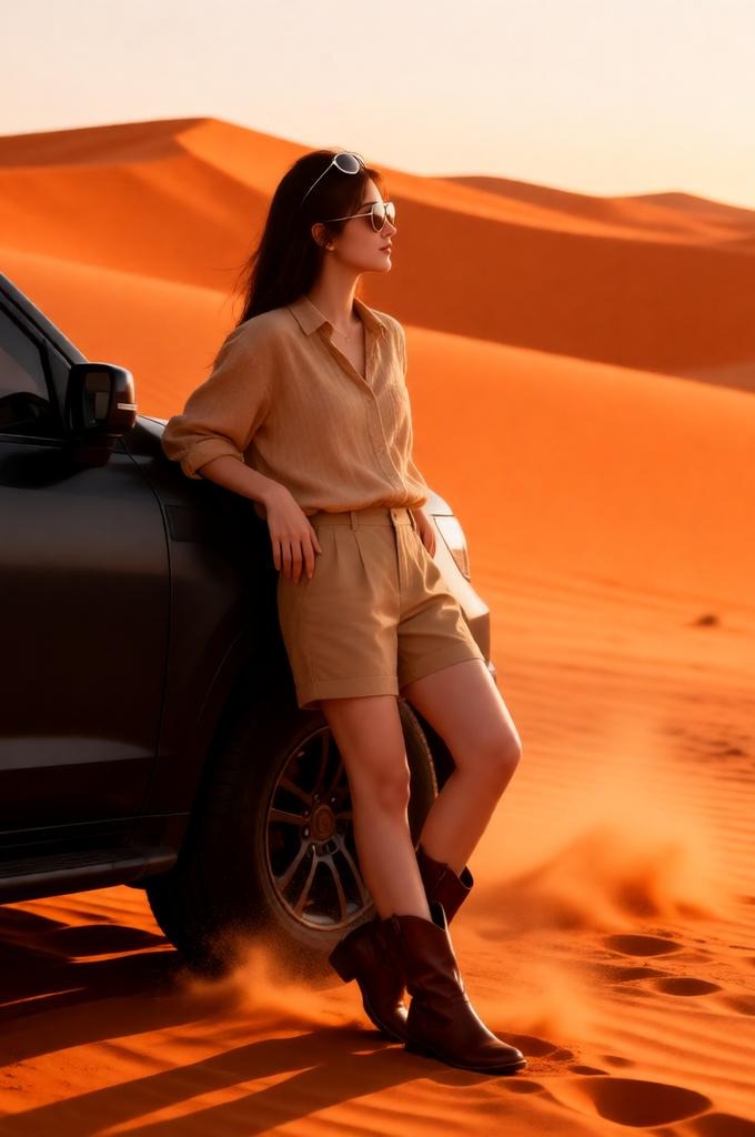 Luxury Desert Portrait of Woman Leaning on Black SUV