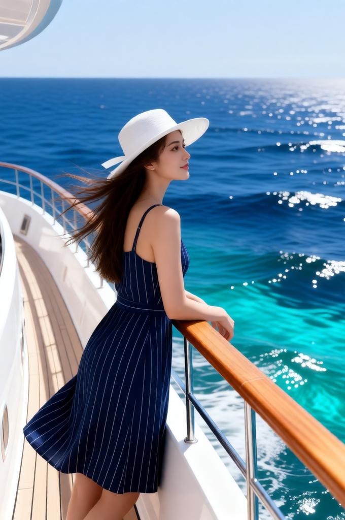 Luxury Yacht Portrait of Woman in Navy Dress