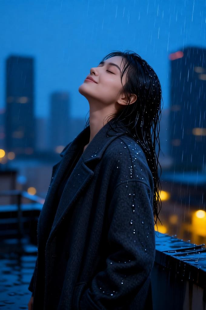 Moody Cinematic Rainy Rooftop Female Portrait Prompt