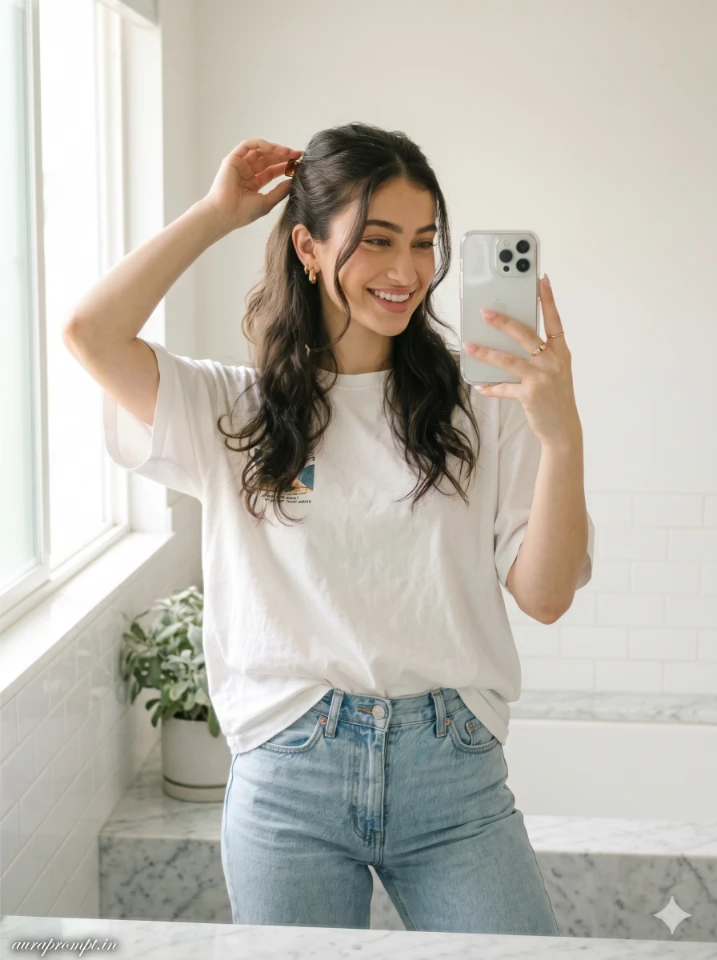 Morning Mirror Selfie AI Photo Prompt for Girls