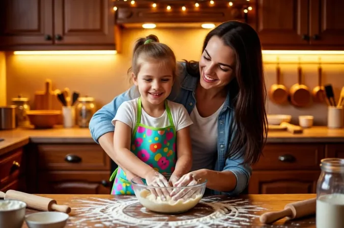 Mother & Daughter Baking Cookies Together in Warm Kitchen