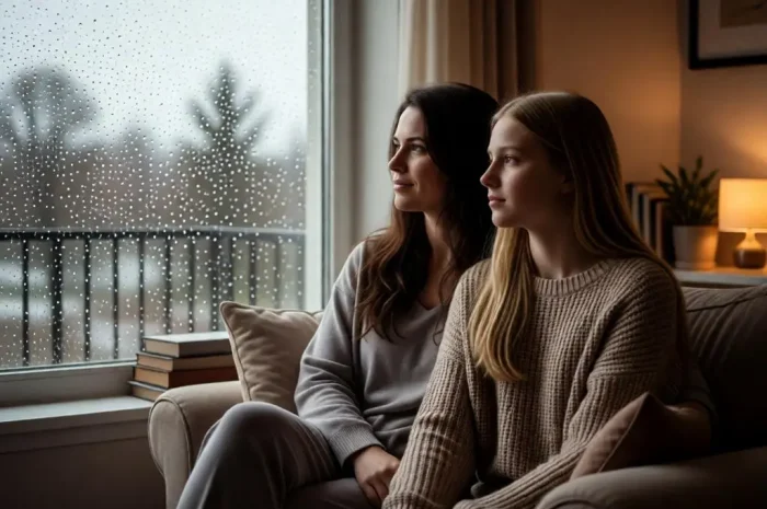 Mother Daughter Rainy Window Photorealistic AI Photo
