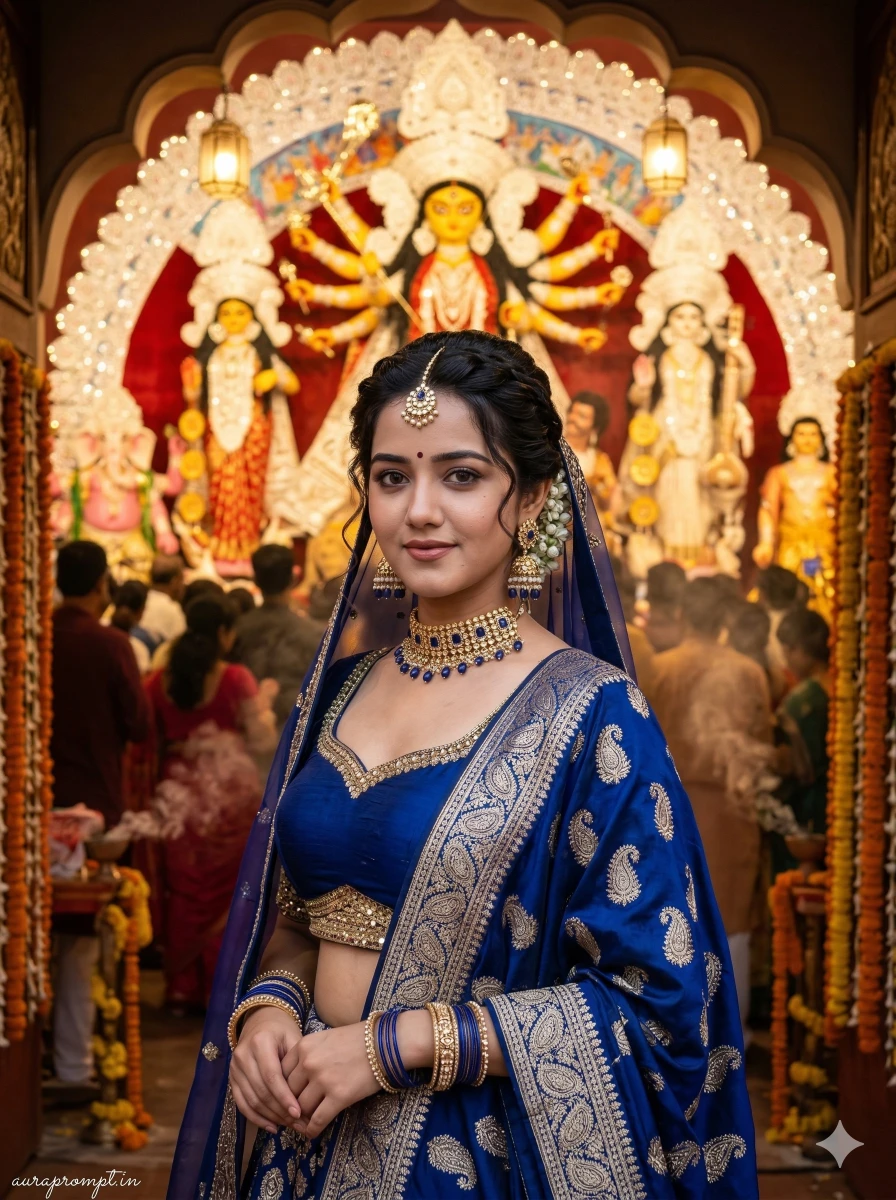Navratri AI Portrait: Royal Blue Lehenga at Durga Pandal
