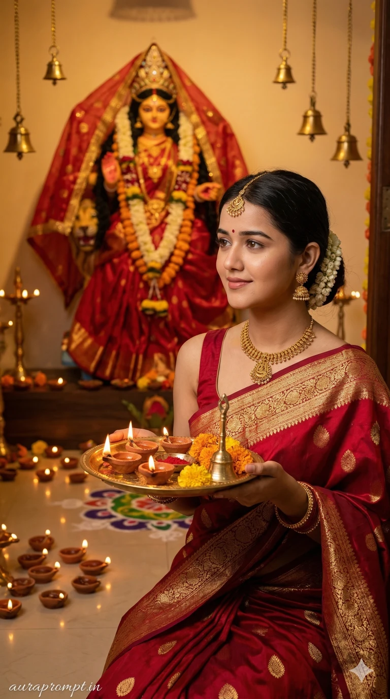 Navratri Puja Girl in Silk Saree - Ultra HD