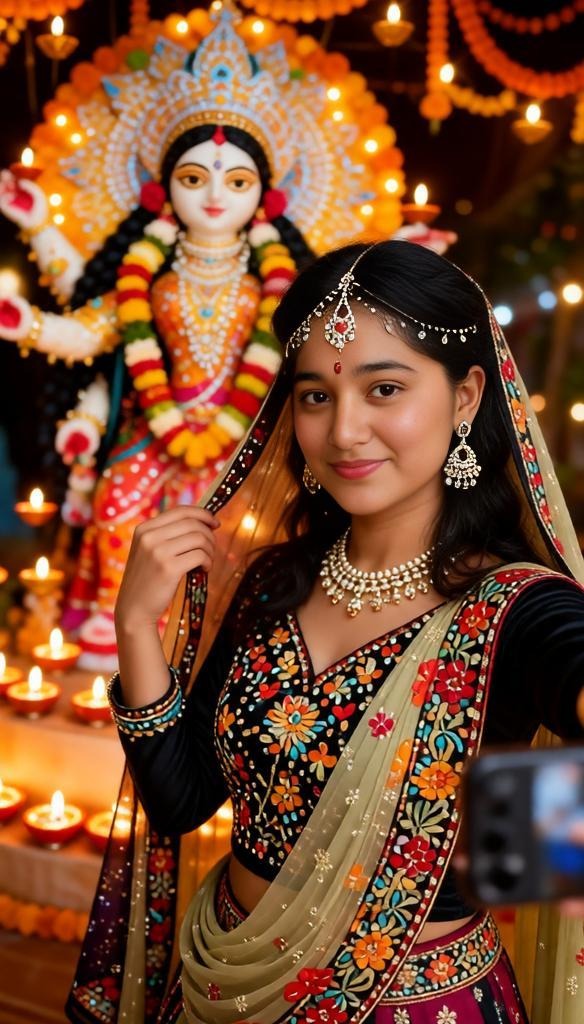 Navratri Selfie: Young Indian Woman in Embroidered Lehenga