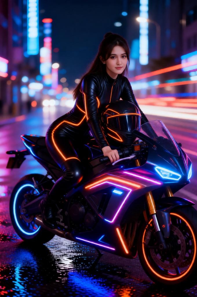 Neon Cyberpunk Woman on Futuristic Motorcycle – 8K Portrait