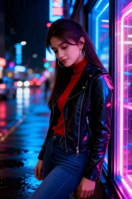 Neon Rain Female Portrait – Realistic Cinematic Shot