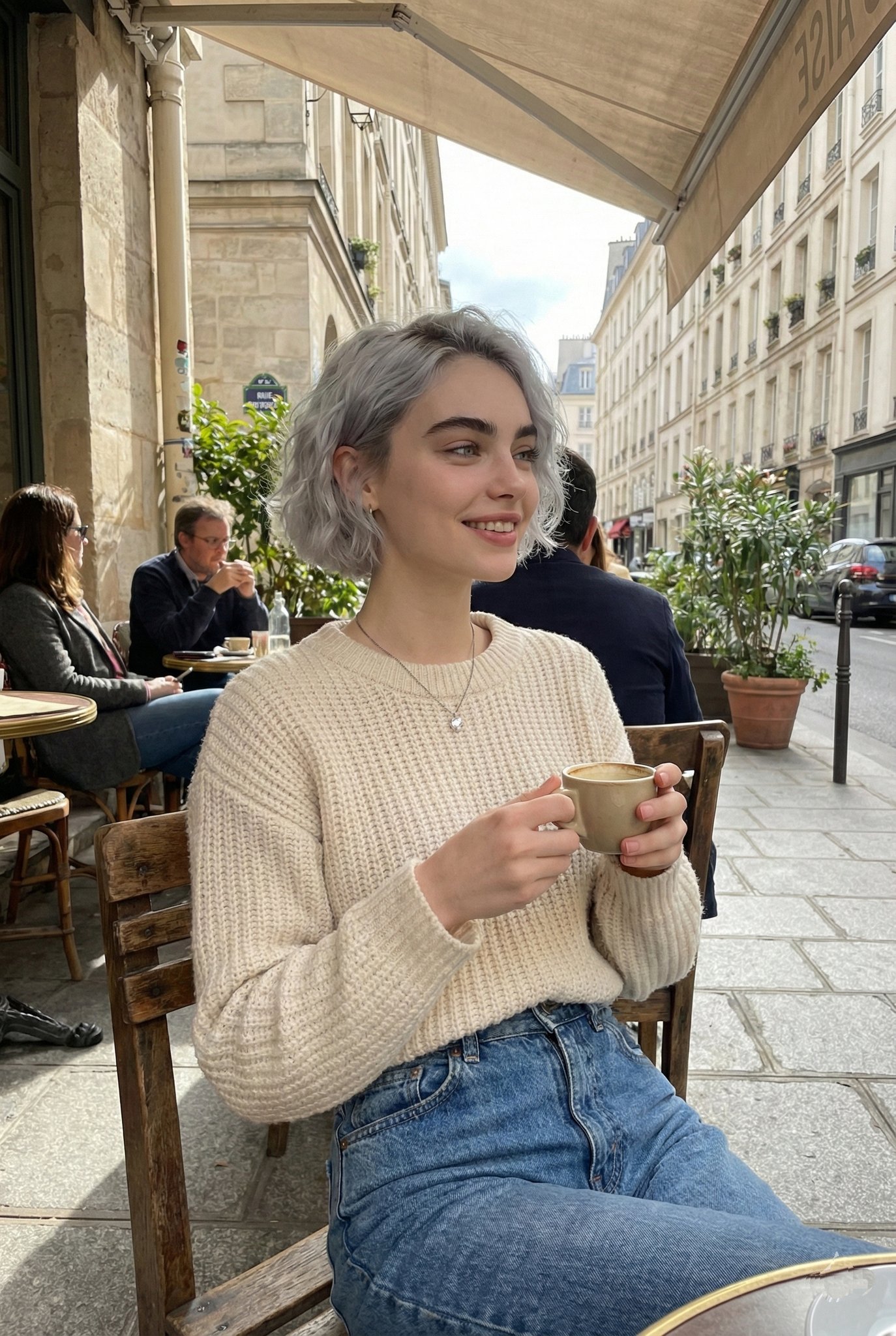 Parisian Café Portrait of Young Woman in Knit Sweater