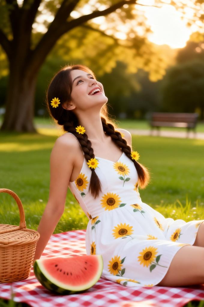 Photorealistic Girl in Sunflower Dress Park Portrait