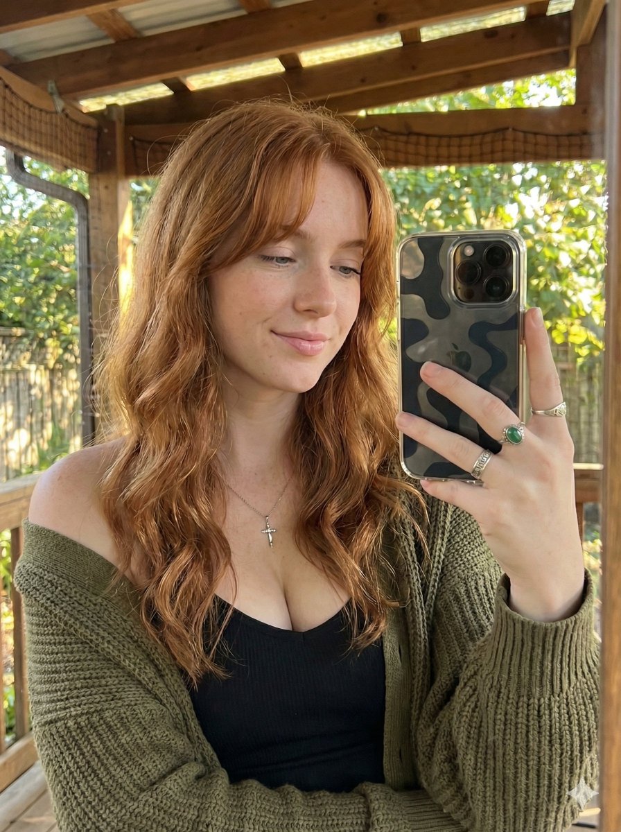 Photorealistic Mirror Selfie with Soft Copper Waves