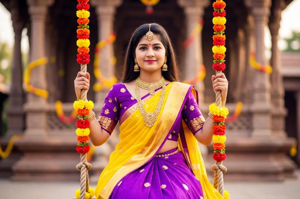 Radiant Radha in Red Lehenga with Krishna Temple Background