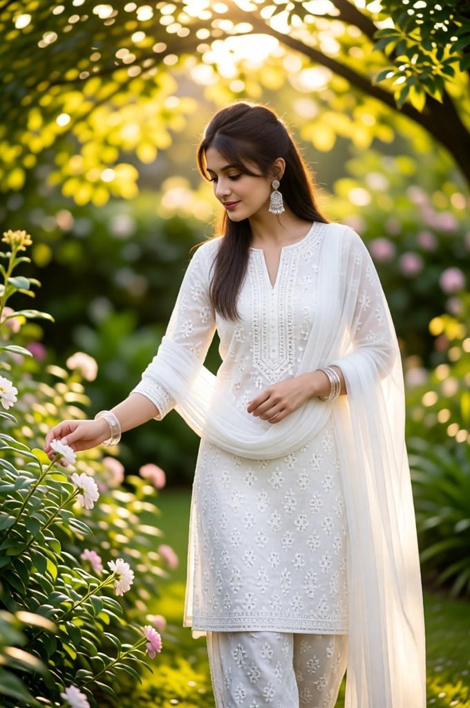 Realistic Indian Woman Portrait in White Chikankari Kurti