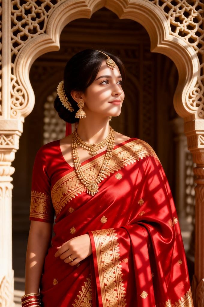 Red Banarasi Saree Temple Portrait – 8K Cinematic