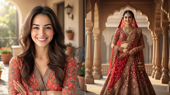 Regal Red Lehenga Bridal Portrait with Palace Arches