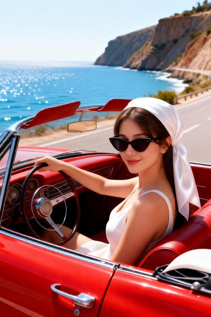 Retro 1960s Red Convertible Portrait – 8K Female Fashion