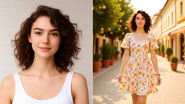 Retro Floral Dress Portrait on French Riviera Café