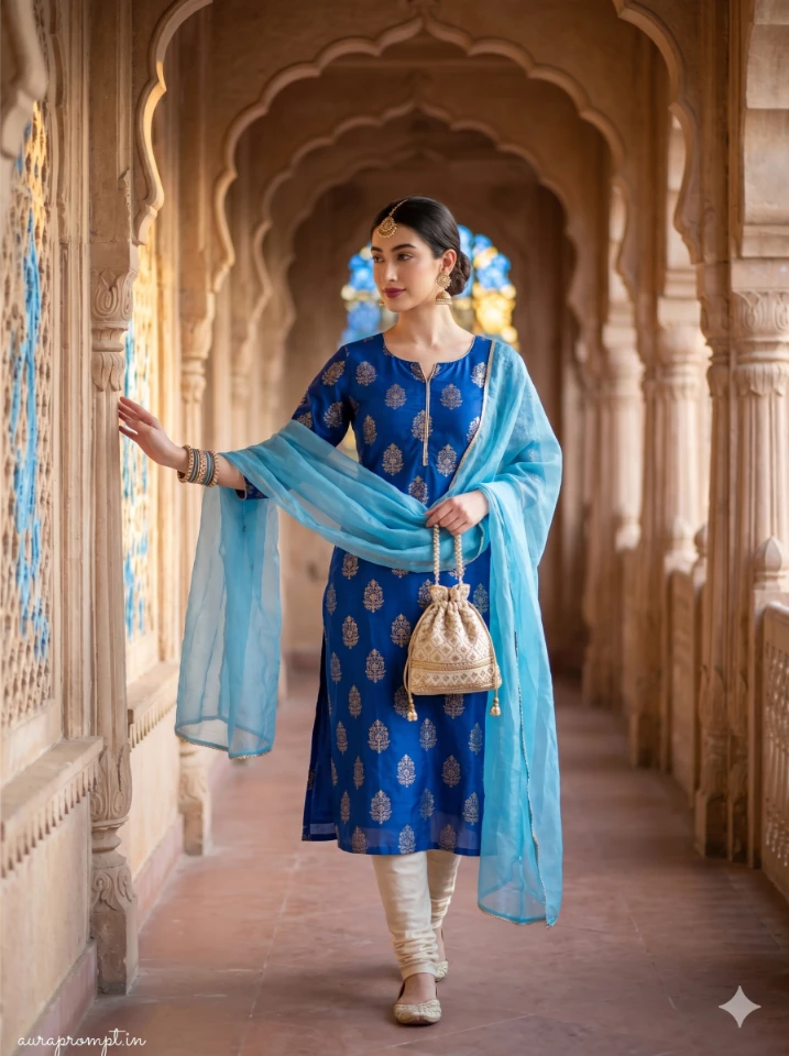 Royal Blue Chanderi Kurta AI Girl in Heritage Haveli Prompt
