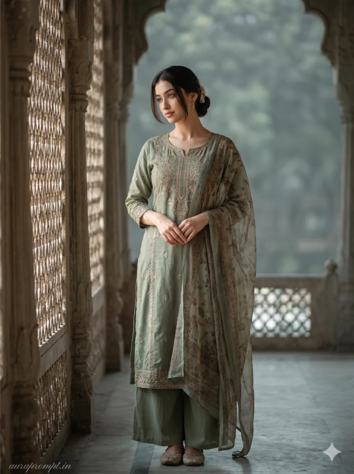 Sage Kurta Indian Girl Editorial Portrait Prompt
