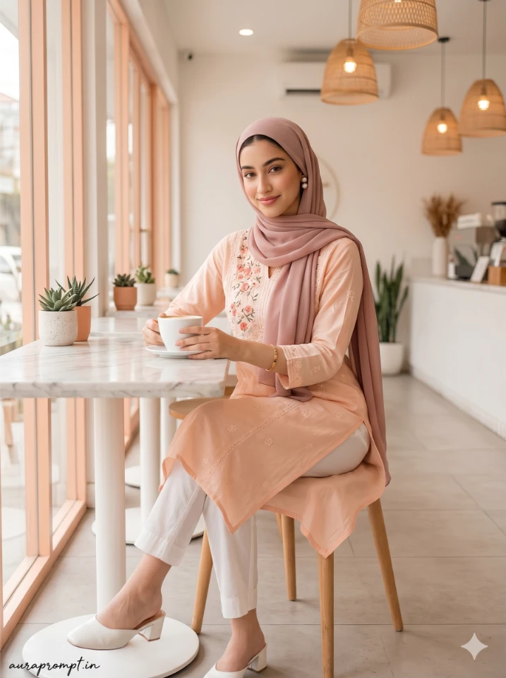 Soft Peach Café Portrait: AI Girl in Kurta & Hijab Prompt