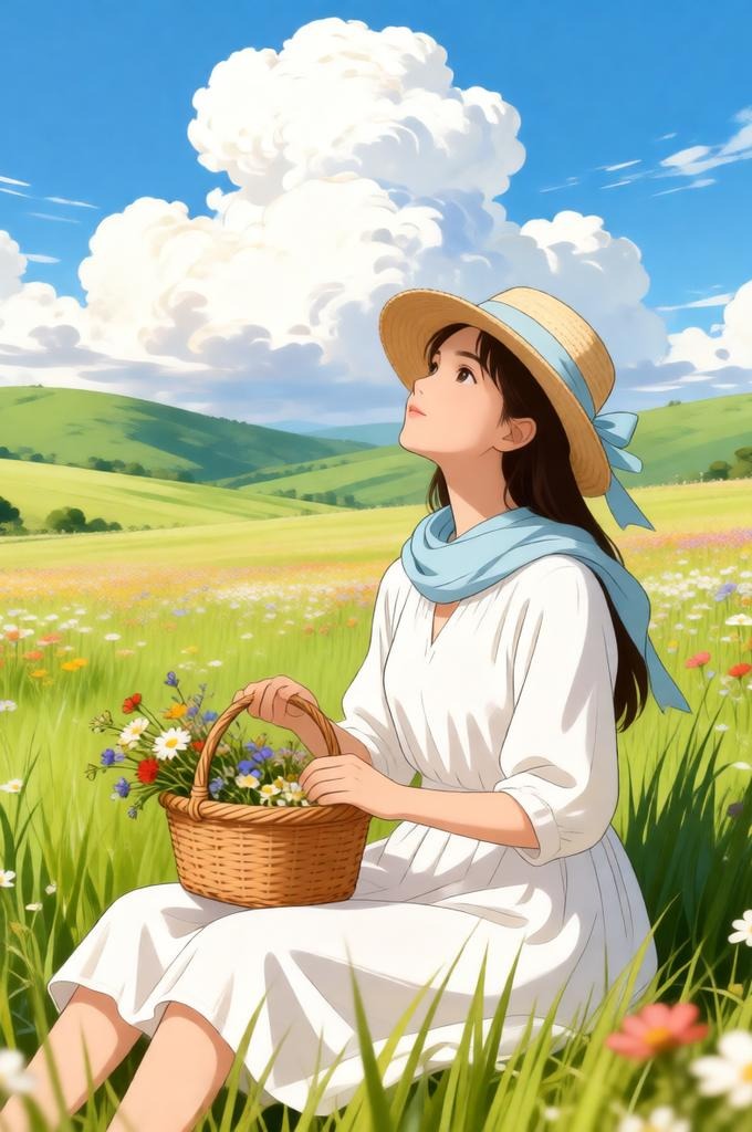 Studio Ghibli Inspired Woman in Flower Field – 8K Portrait