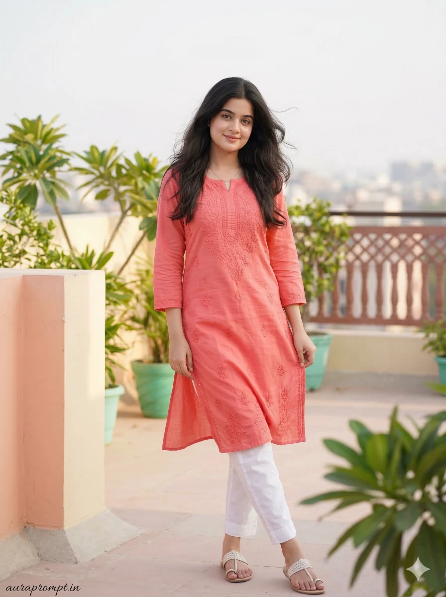 Stylish Indian Girl in Kurti on Pastel Rooftop