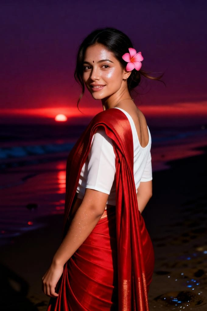 Sunset Beach AI Portrait with Cinematic Flash Photography