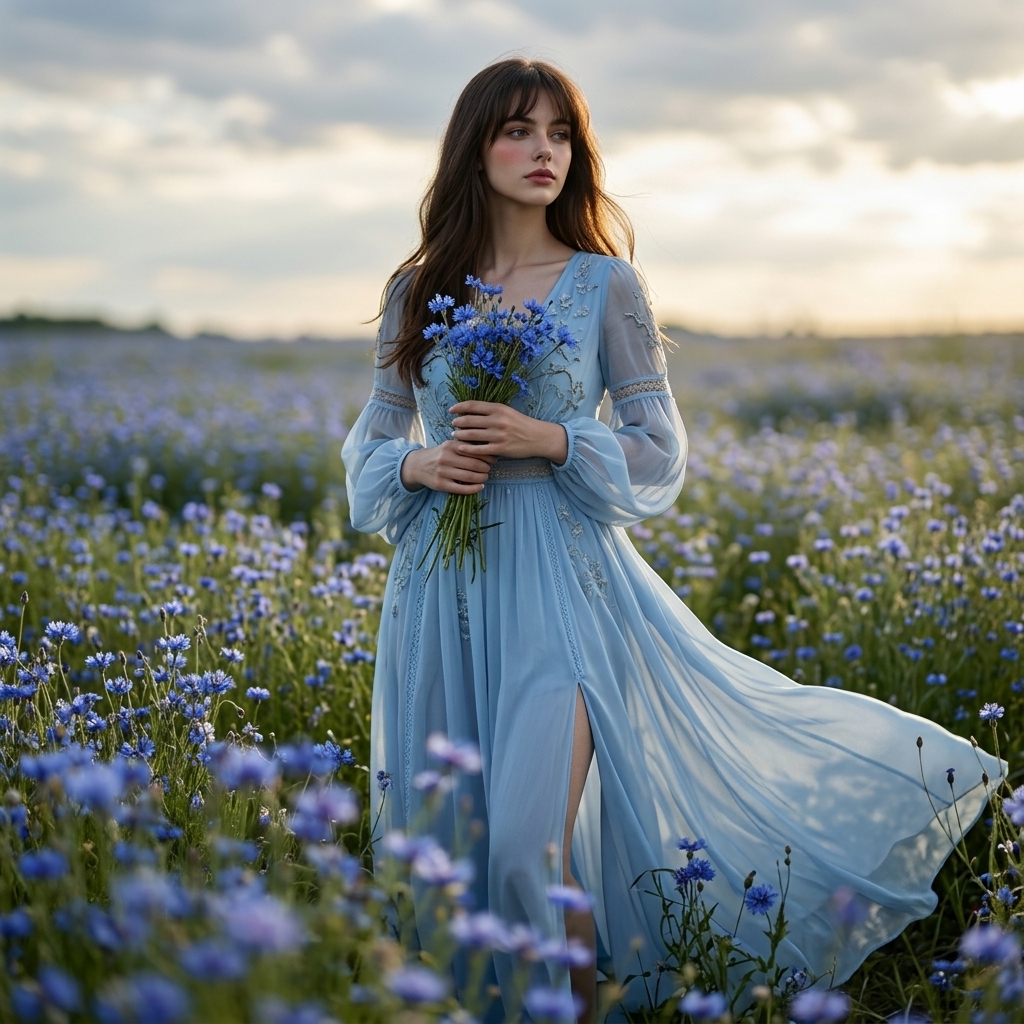 Ultra-Realistic Blue Chiffon Gown Editorial in Wildflower Field