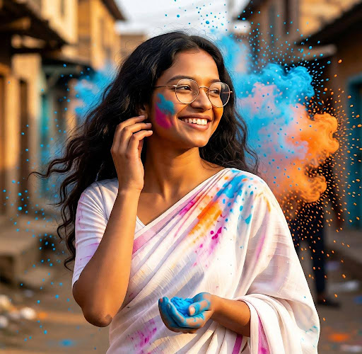 Ultra-Realistic Holi Portrait of Woman in White Saree