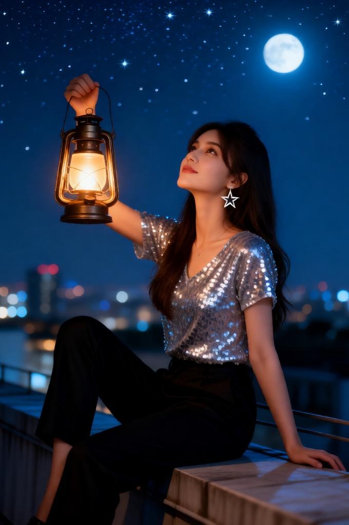 Ultra-Realistic Night Rooftop Portrait of Woman