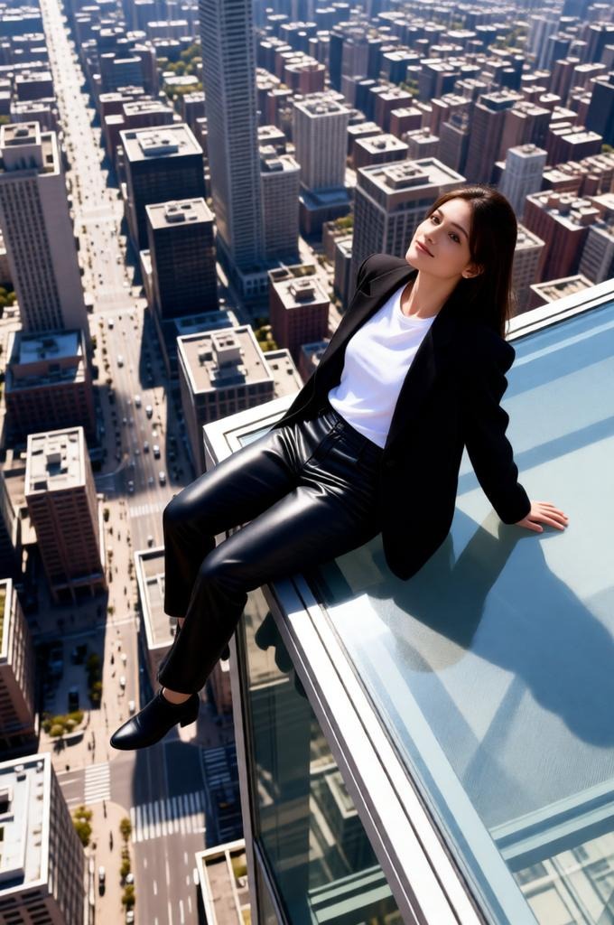 Urban High‑Angle Portrait of Woman on Glass Skyscraper