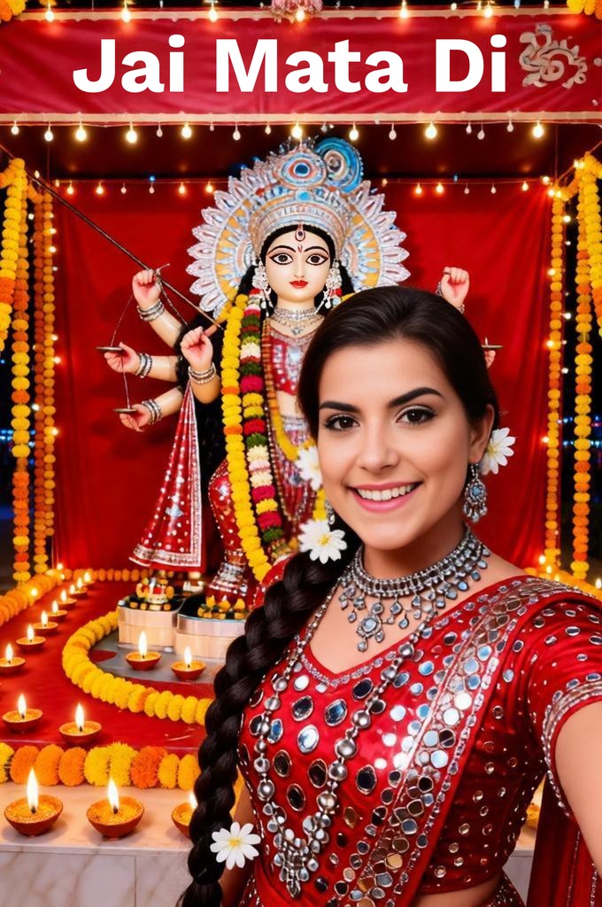 Vibrant Navratri Selfie of Indian Woman with Durga Idol