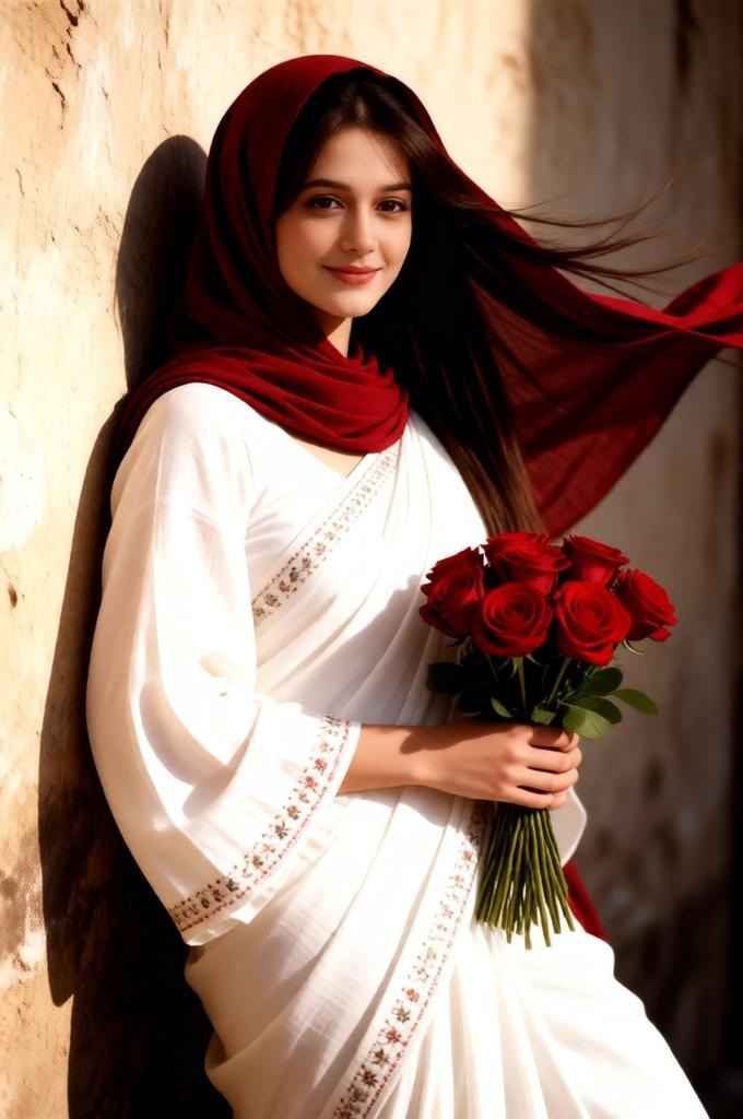 Vintage 1990s Saree Portrait with Red Hijab – 8K Photo