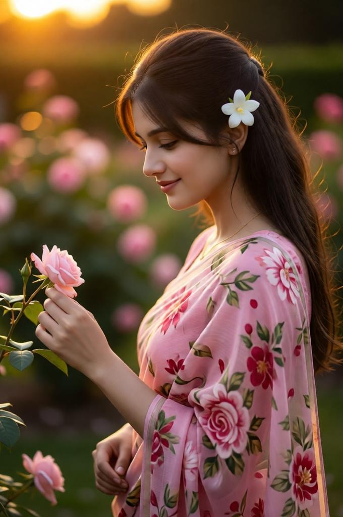Vintage Rose Garden Portrait: Soft Pink Saree