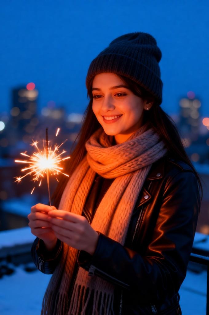 Winter Rooftop Sparkler Portrait – Ultra Realistic