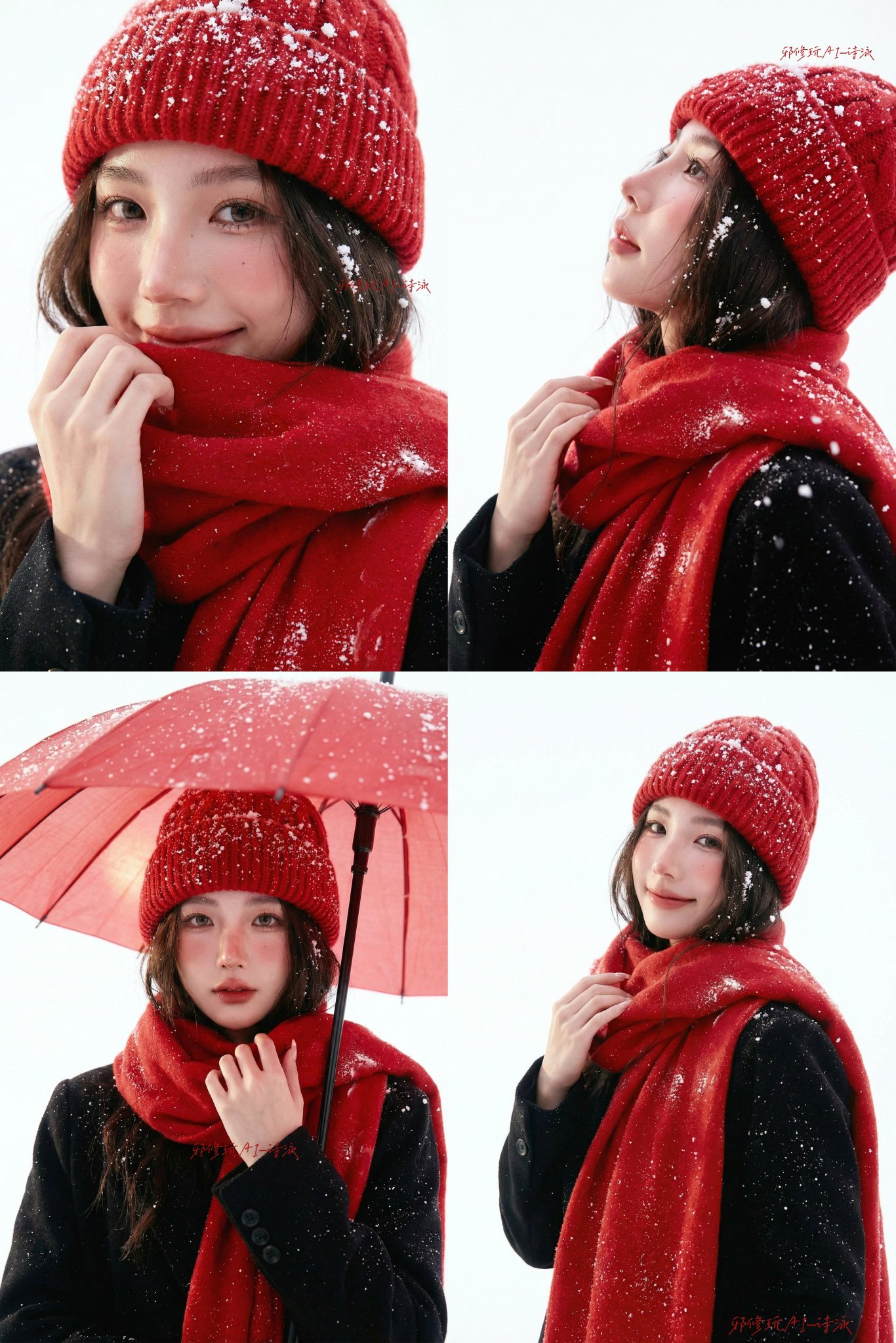 Winter Studio Portrait of Young Asian Woman in Red Beanie