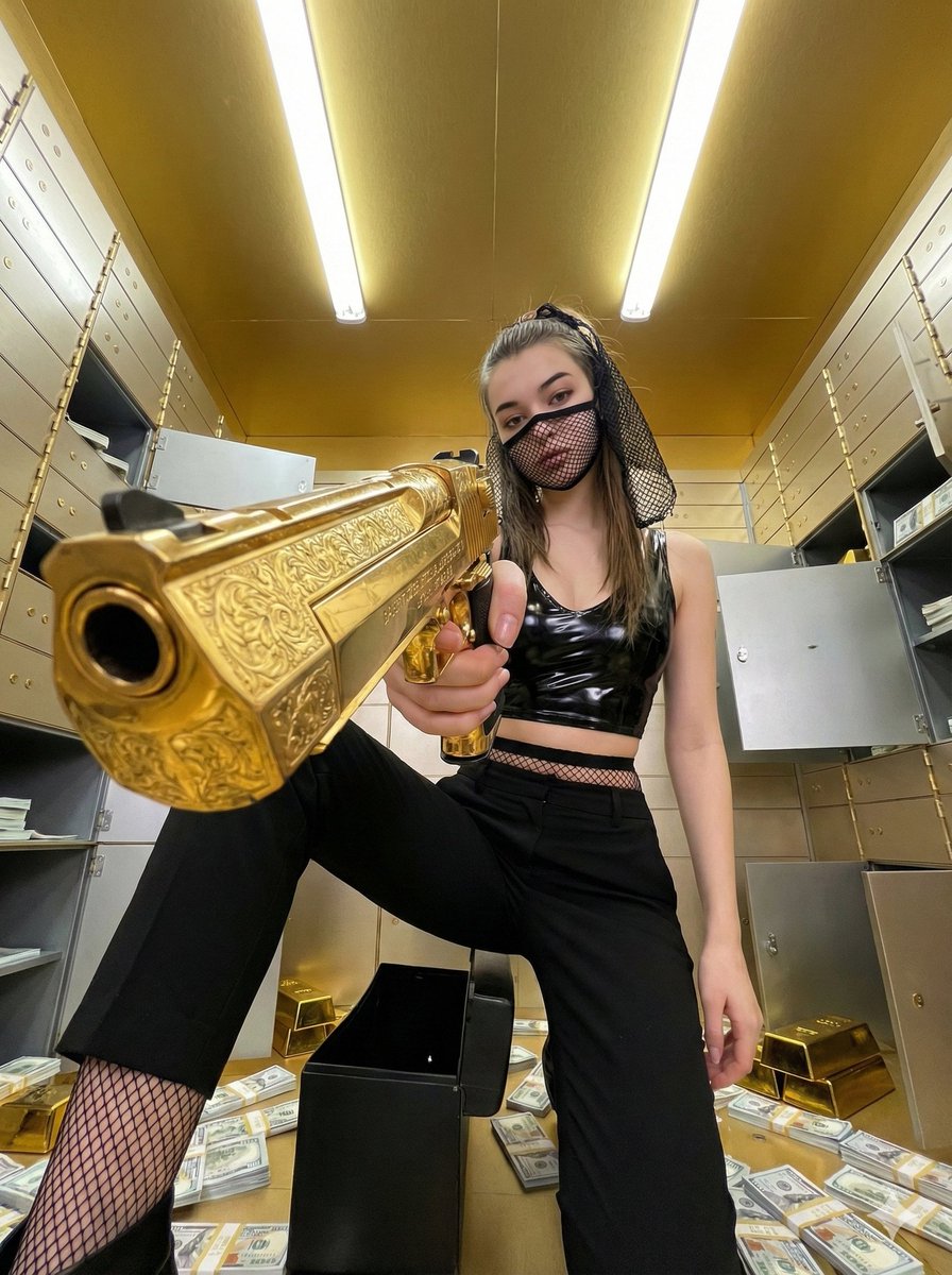 Woman in Bank Vault with Gold Desert Eagle Pistol
