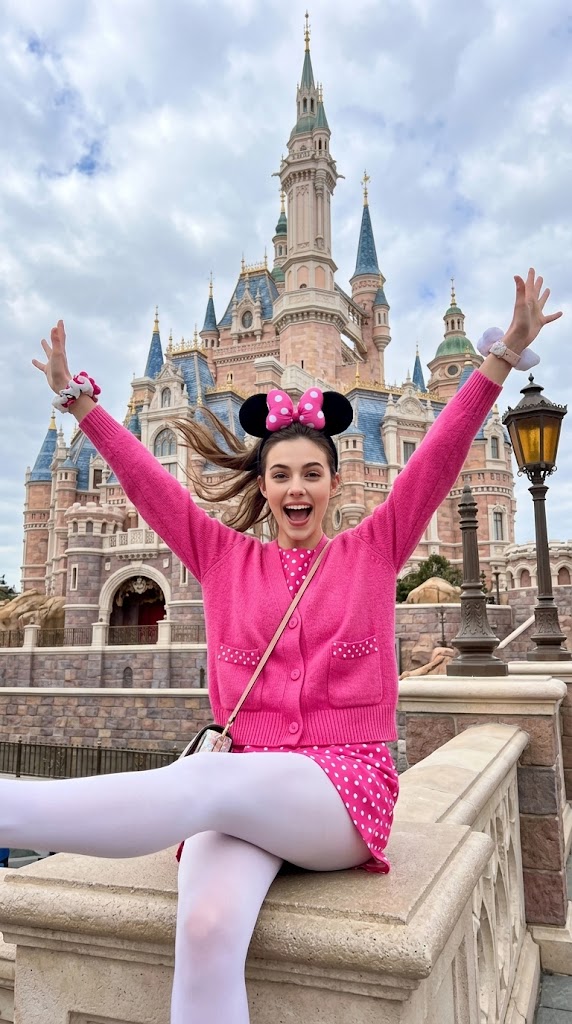 Woman in Pink Cardigan Posing at Fairy Tale Castle