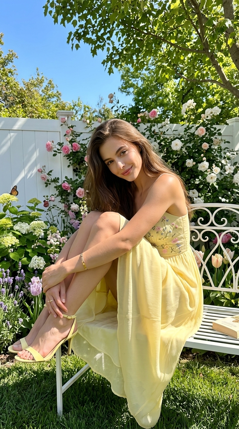 Young Woman Garden Portrait in Sunny Summer Dress
