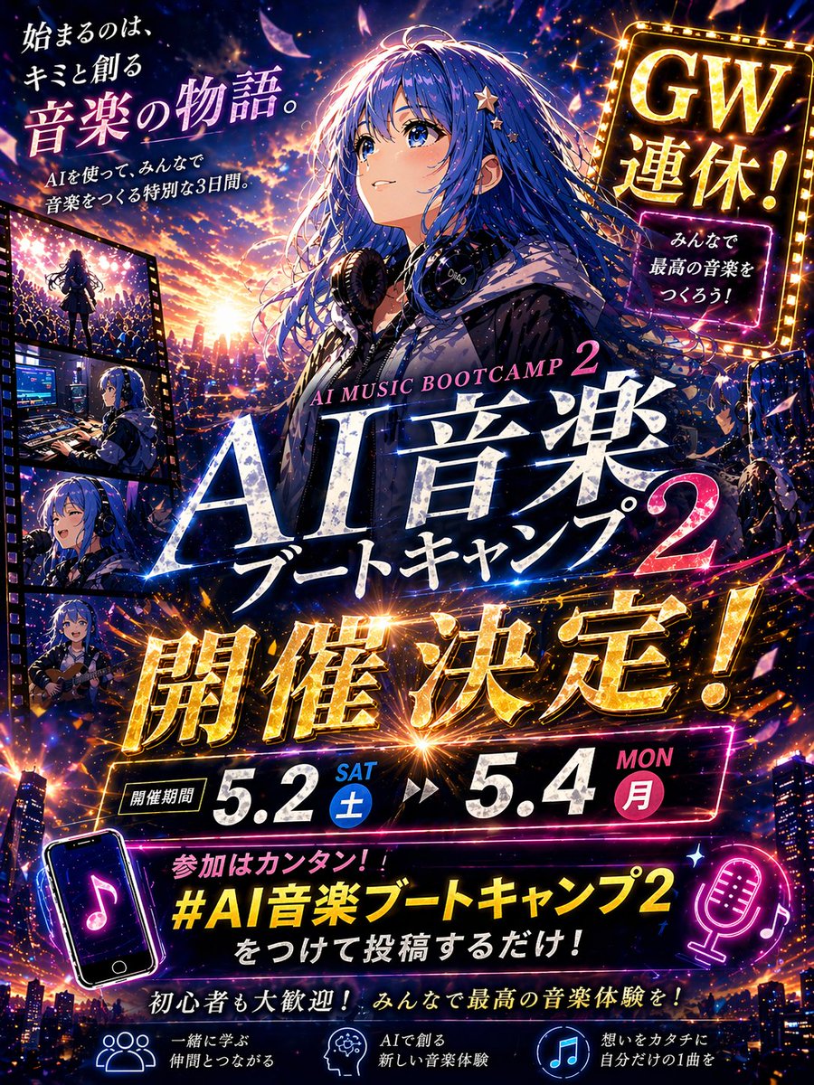 AI Prompt for Anime Music Bootcamp Poster with Neon Effects