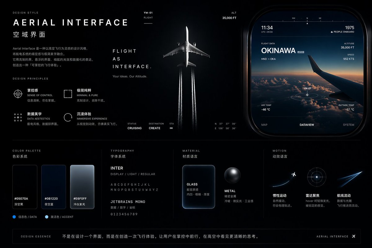 AI Prompt for Aviation-Themed Dark Mode UI Design System with Flight-Inspired Esthetics and Interface Mockups
