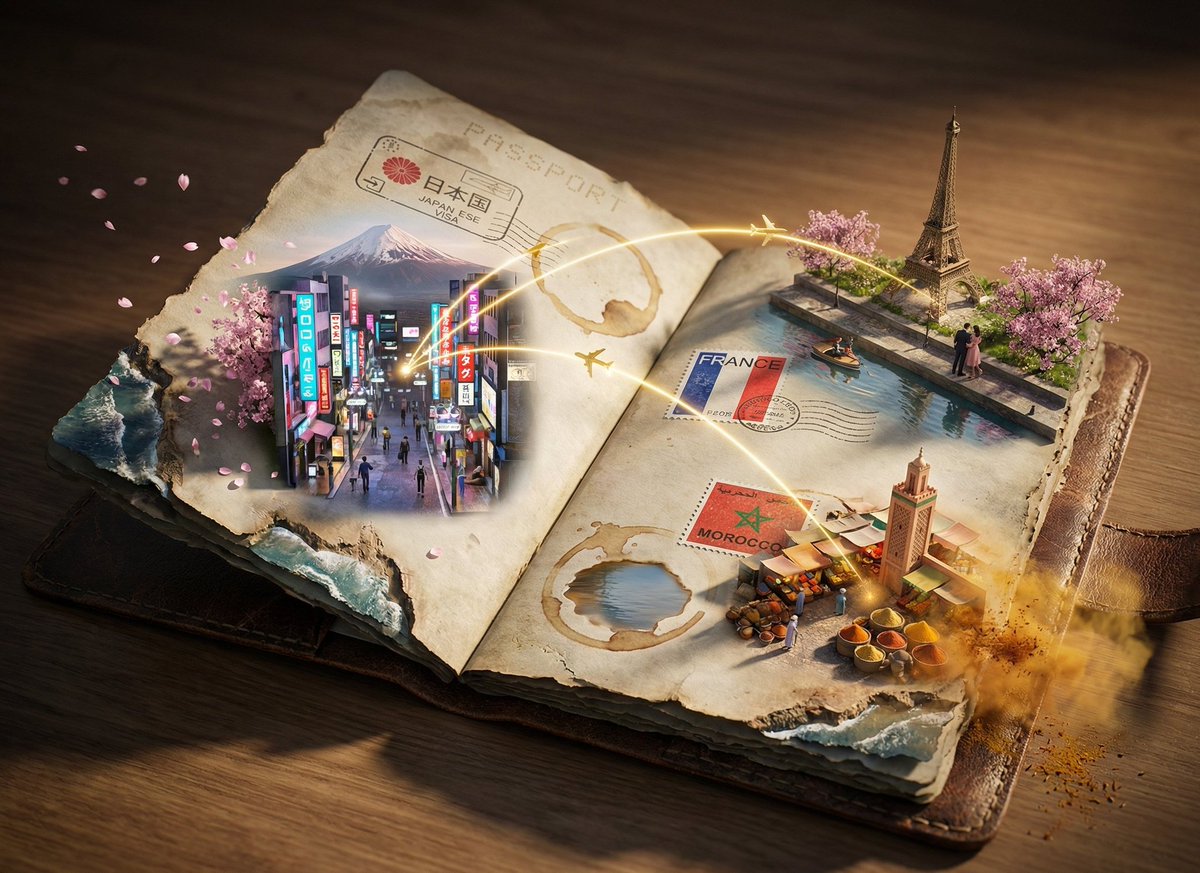AI Prompt for Cinematic Passport Scene Generation with Visas as Destinations