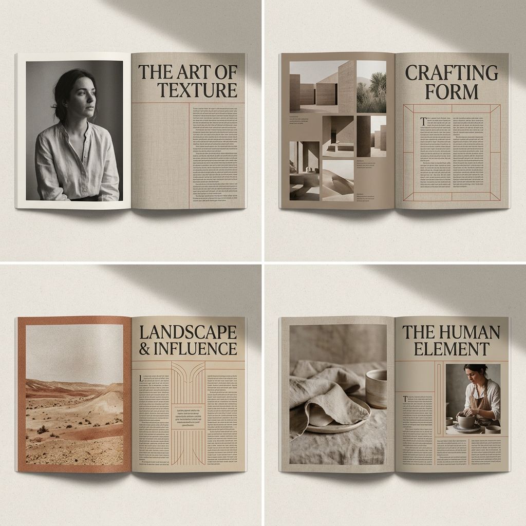 AI Prompt for Editorial Magazine Spread Concept - Muted Earth Tones, Textures, and Cinematic Lighting